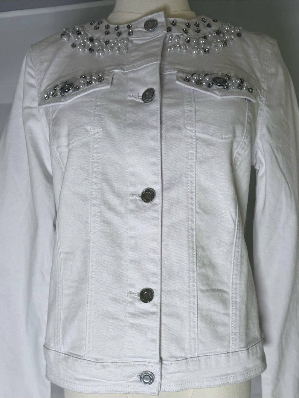 Joseph Ribkoff Ivory Pearl Rhinestone Embellished Denim Jacket NWT S - Picture 2 of 14